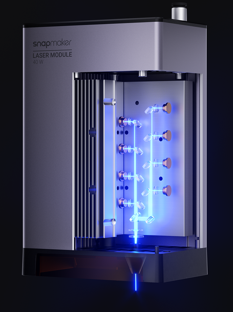 A perspective view of the laser emission process in the laser module machine.