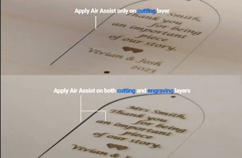 Laser engraving with or without air assist.