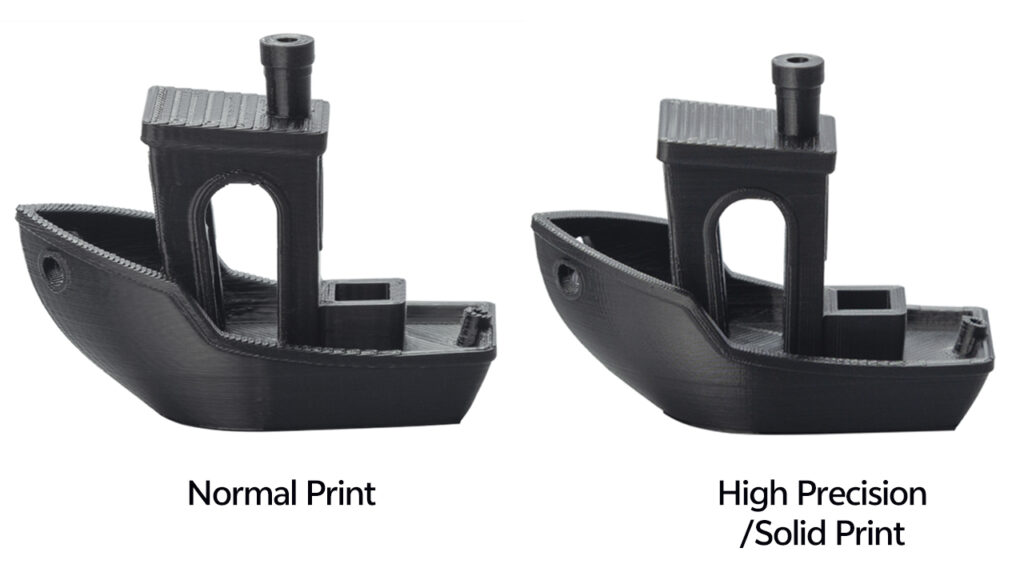 Normal and high-precision solid Benchy printing.