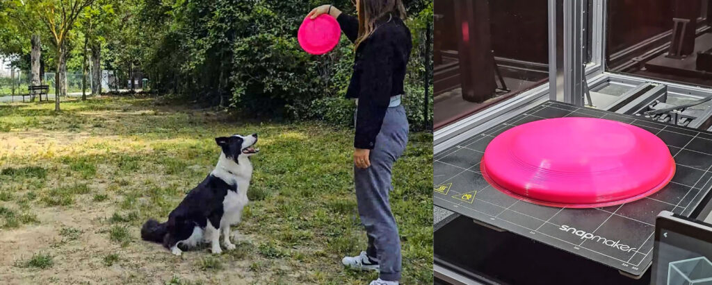 Image showing the process of creating a dog frisbee. On the right, a bright pink frisbee is being 3D printed on a Snapmaker printer. On the left, the finished frisbee is being used for play in a park with a person and a dog.