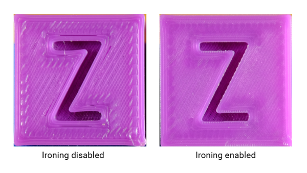 A before-and-after image demonstrating how enabling the ironing feature in 3D printing smooths out rough top layer lines for a much cleaner finish.